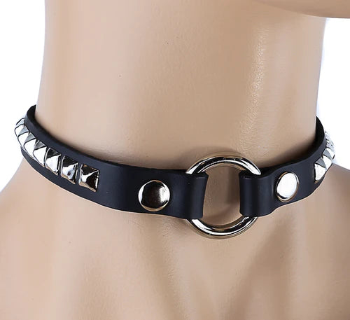 Black Leather Choker/Collar w/ Silver O Ring and Silver Pyramid Studs