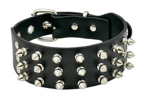 Black Leather Collar w/ 3 Rows of Short Silver Spikes - Hot Rock Hollywood