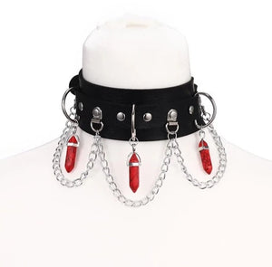 Black/Red Vegan Leather Collar w/ Black Crystals and Chains - Hot Rock Hollywood