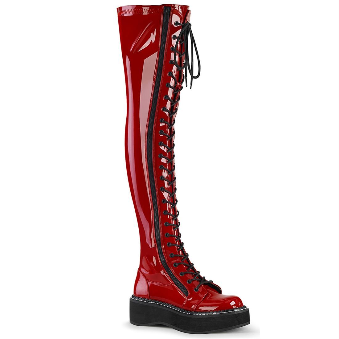 red vinyl thigh high boots
