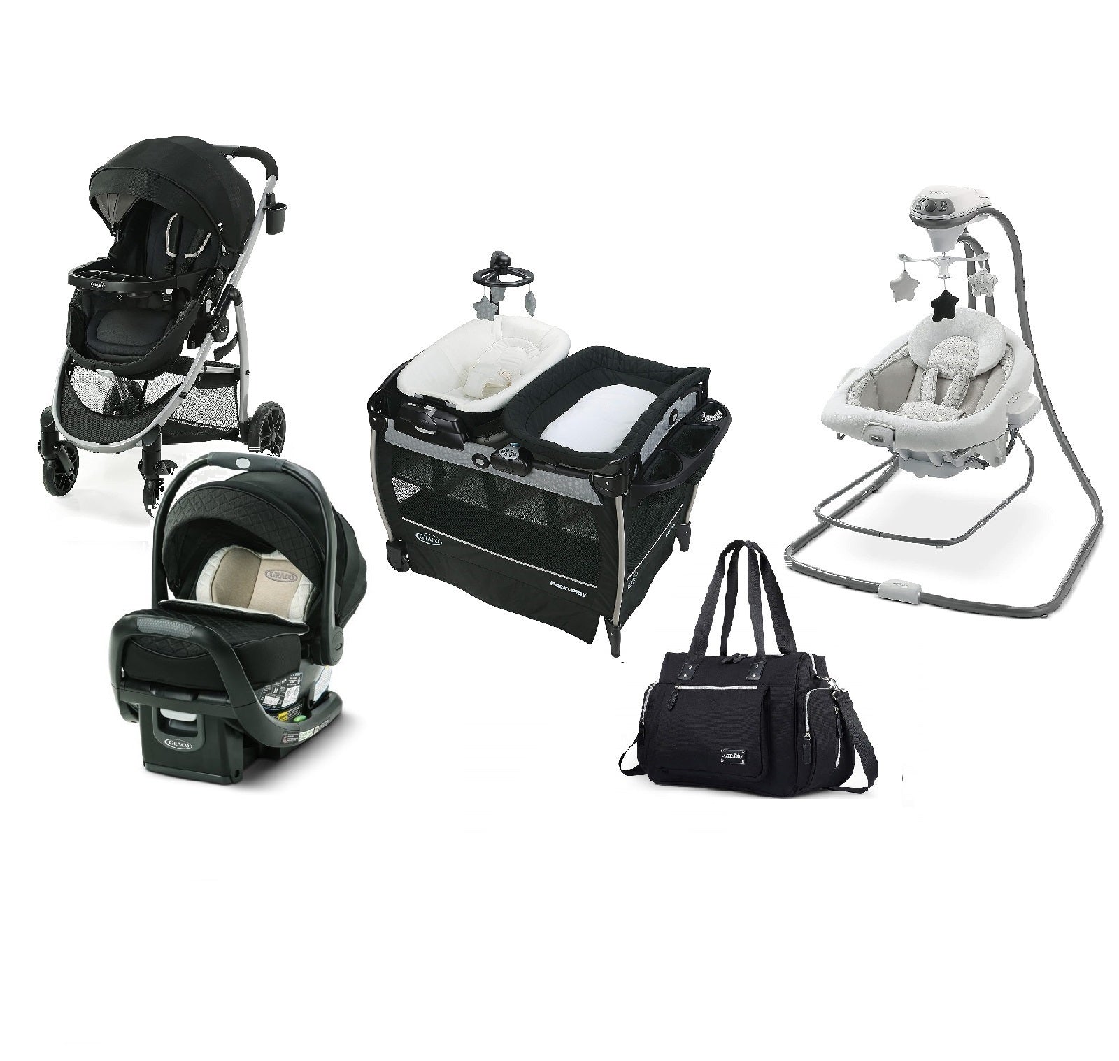 5pc Graco Black Complete Baby Gear Bundle, Stroller Travel Syste