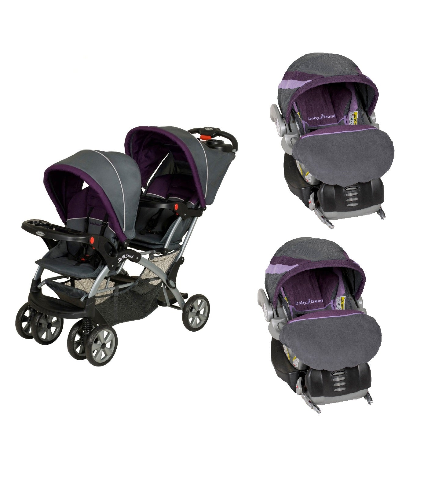 purple infant car seat and stroller