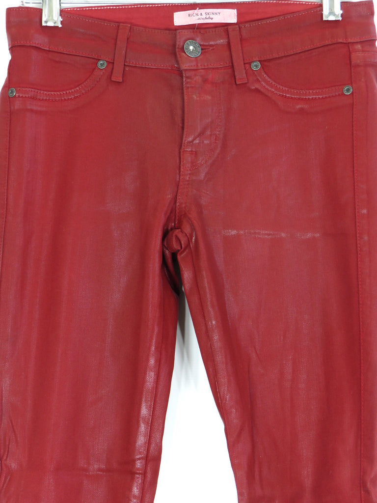 red coated skinny jeans