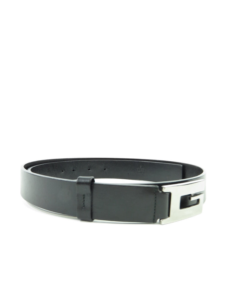 GUCCI Unisex Women Men Black Leather Silver G Buckle Belt Size 38