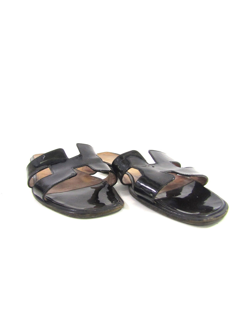 black patent leather slides