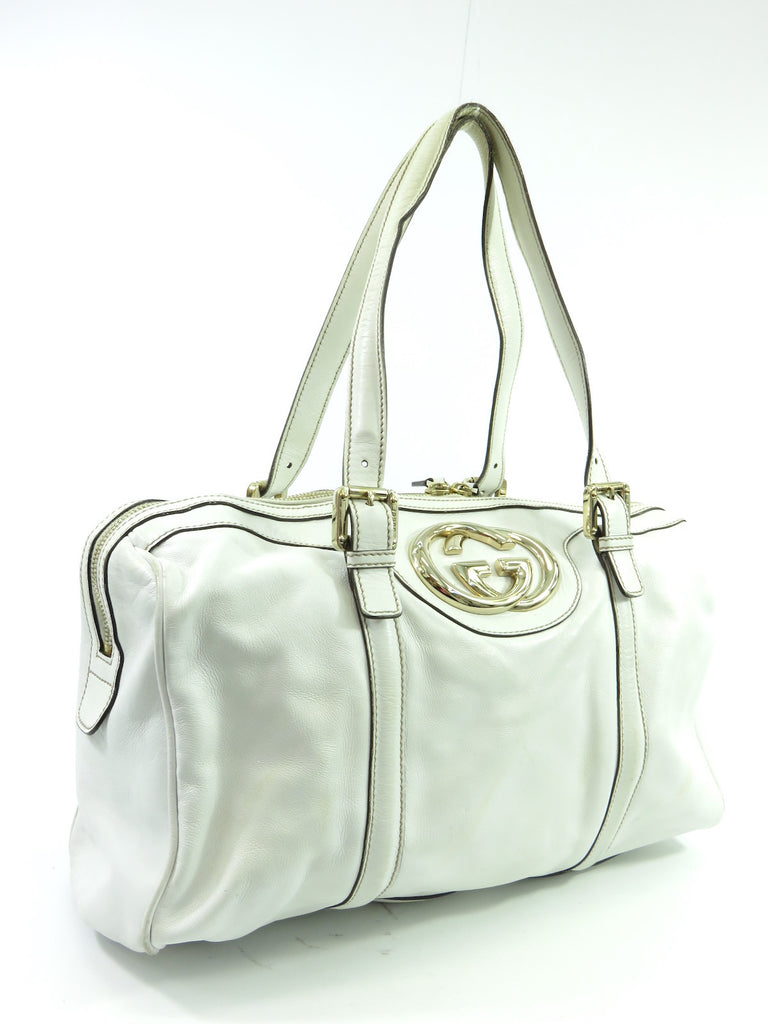 GUCCI Women White Leather Gold Britt GG Satchel Boston Shoulder Bag Pu