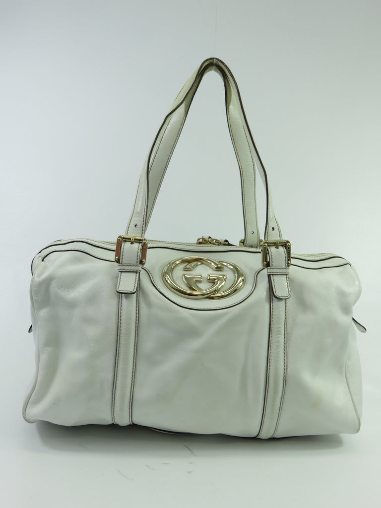 GUCCI Women White Leather Gold Britt GG Satchel Boston Shoulder Bag Pu