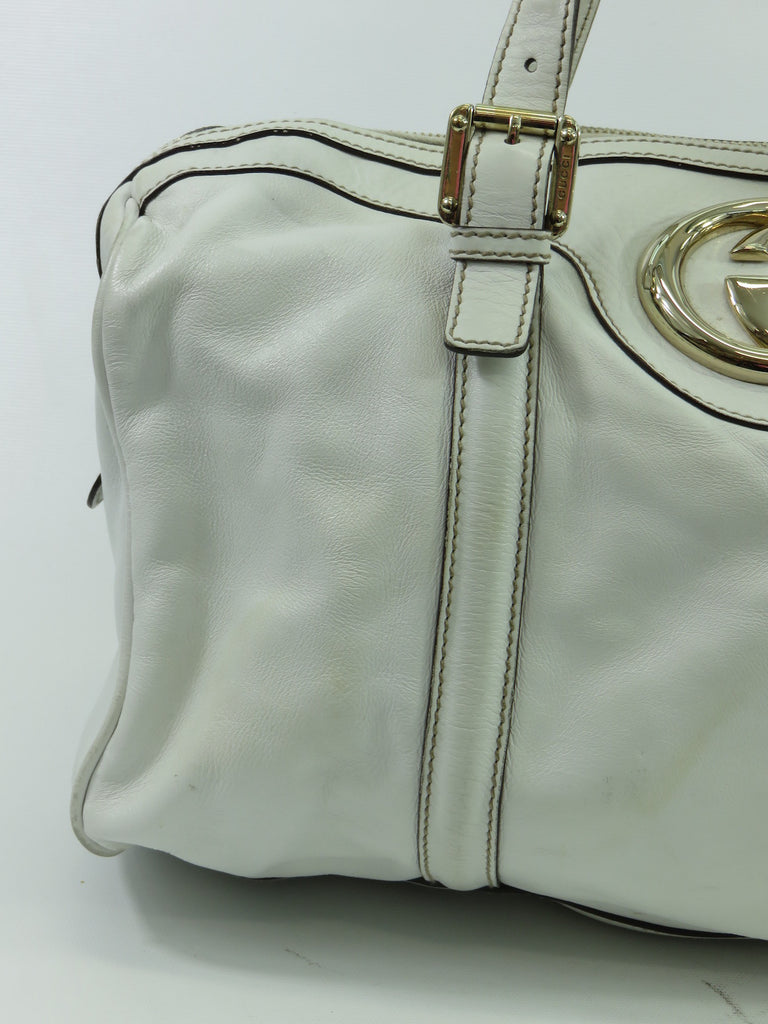 GUCCI Women White Leather Gold Britt GG Satchel Boston Shoulder Bag Pu