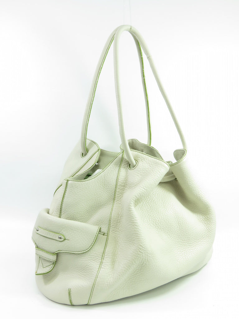 COLE HAAN Off White Leather Green Stitching Shoulder Bag Shopper Hand