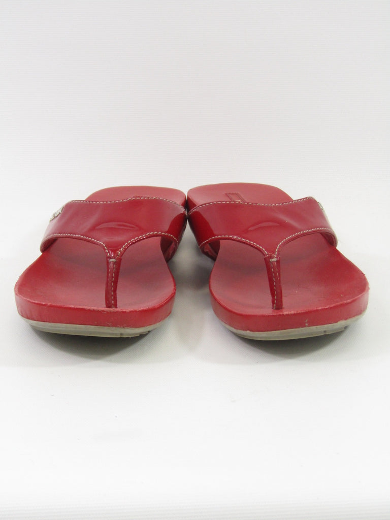 red leather slides