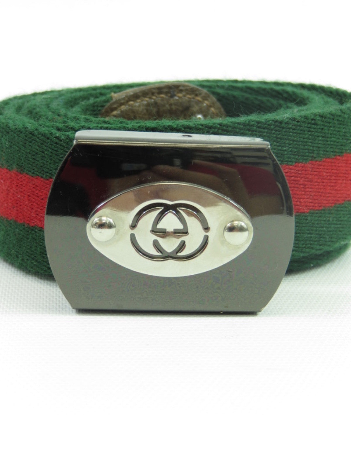 GUCCI Men Iconic Green Red Canvas Silver GG Logo Buckle Belt 46