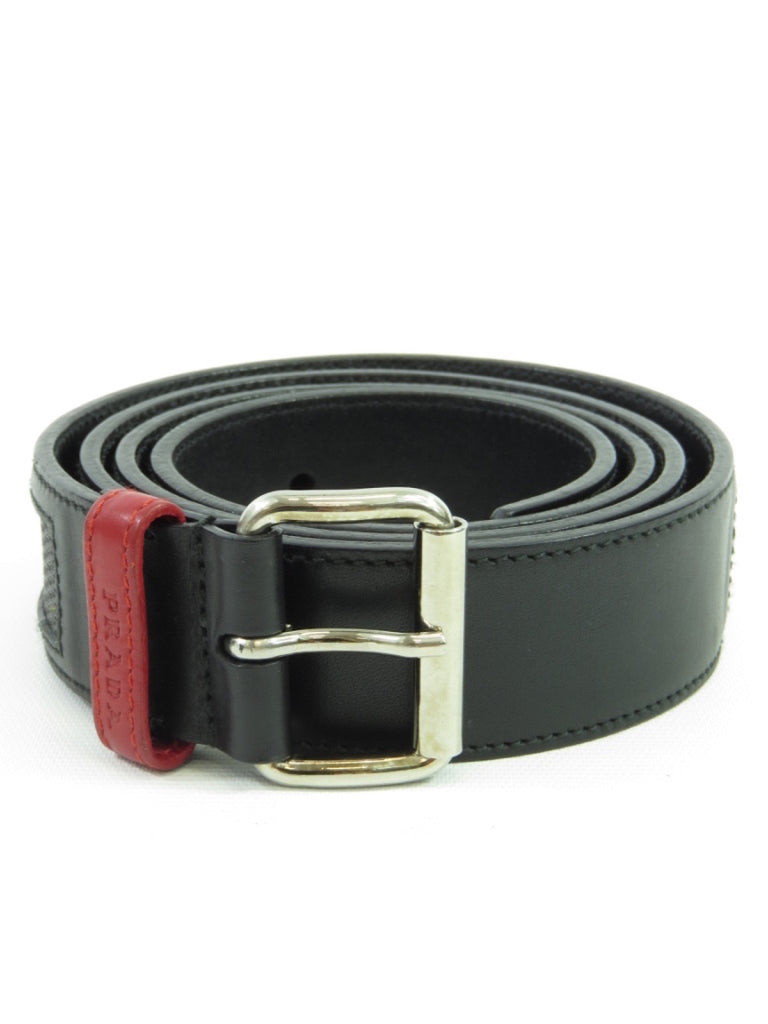 PRADA Men Black Leather Red Detail Classic Silver Buckle Belt Size 46
