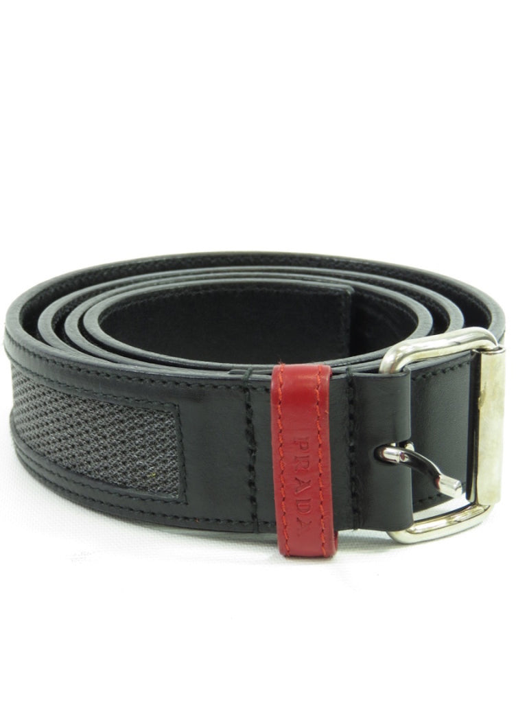 PRADA Men Black Leather Red Detail Classic Silver Buckle Belt Size 46