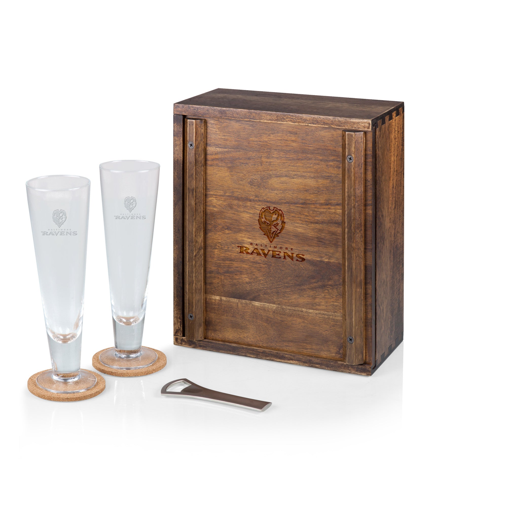 Baltimore Ravens - Pilsner Beer Glass Gift Set, (Acacia Wood)