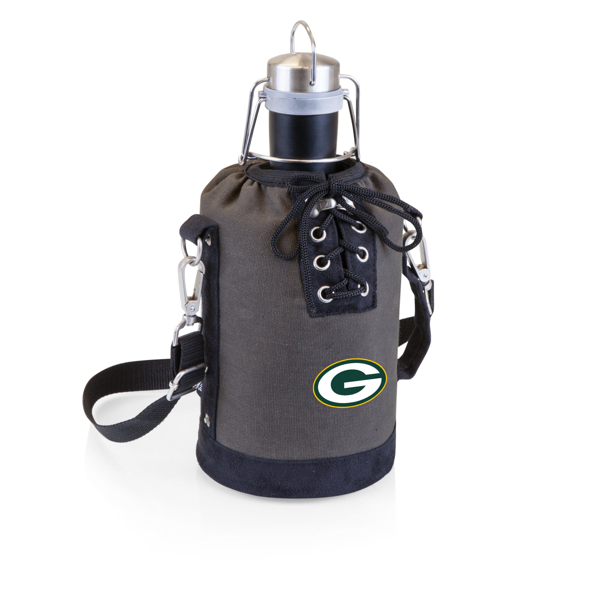Green Bay Packers - Insulated Growler Tote with 64 oz. Stainless Steel Growler, (Gray with Black Accents & Matte Black Growler)