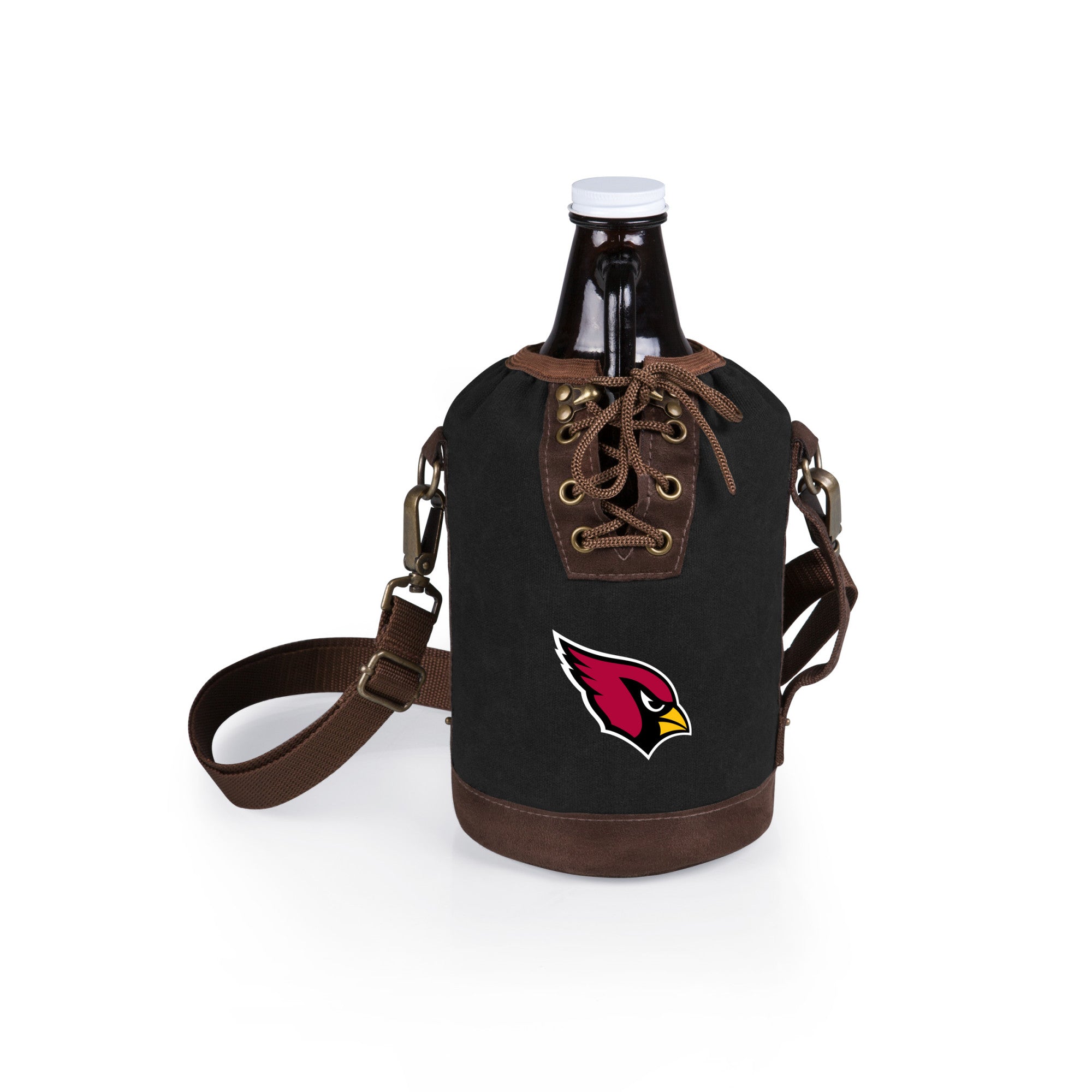 Arizona Cardinals - Insulated Growler Tote with 64 oz. Glass Growler, (Black with Brown Accents & Glass Growler)