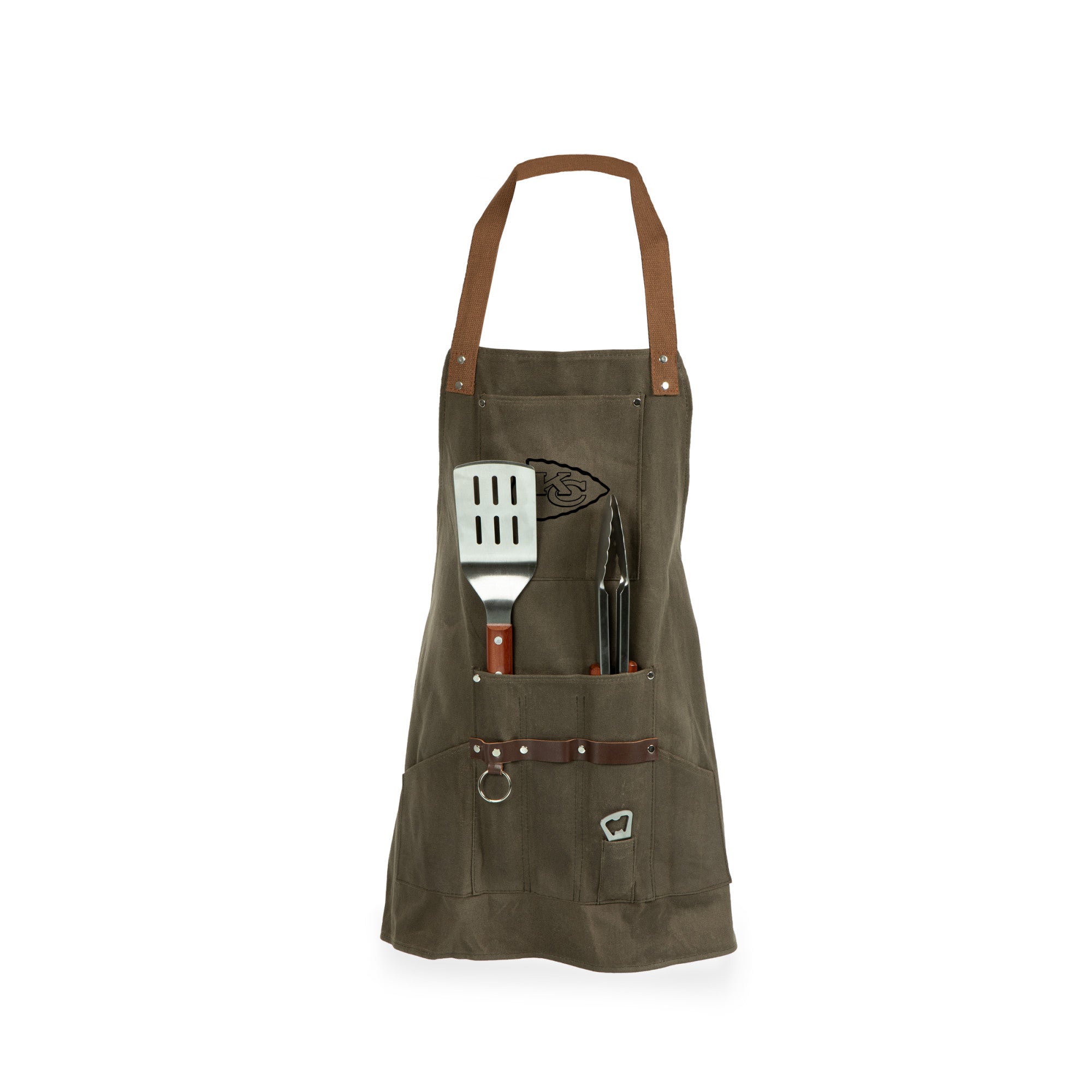 Kansas City Chiefs - BBQ Apron with Tools & Bottle Opener, (Khaki Green with Beige Accents)