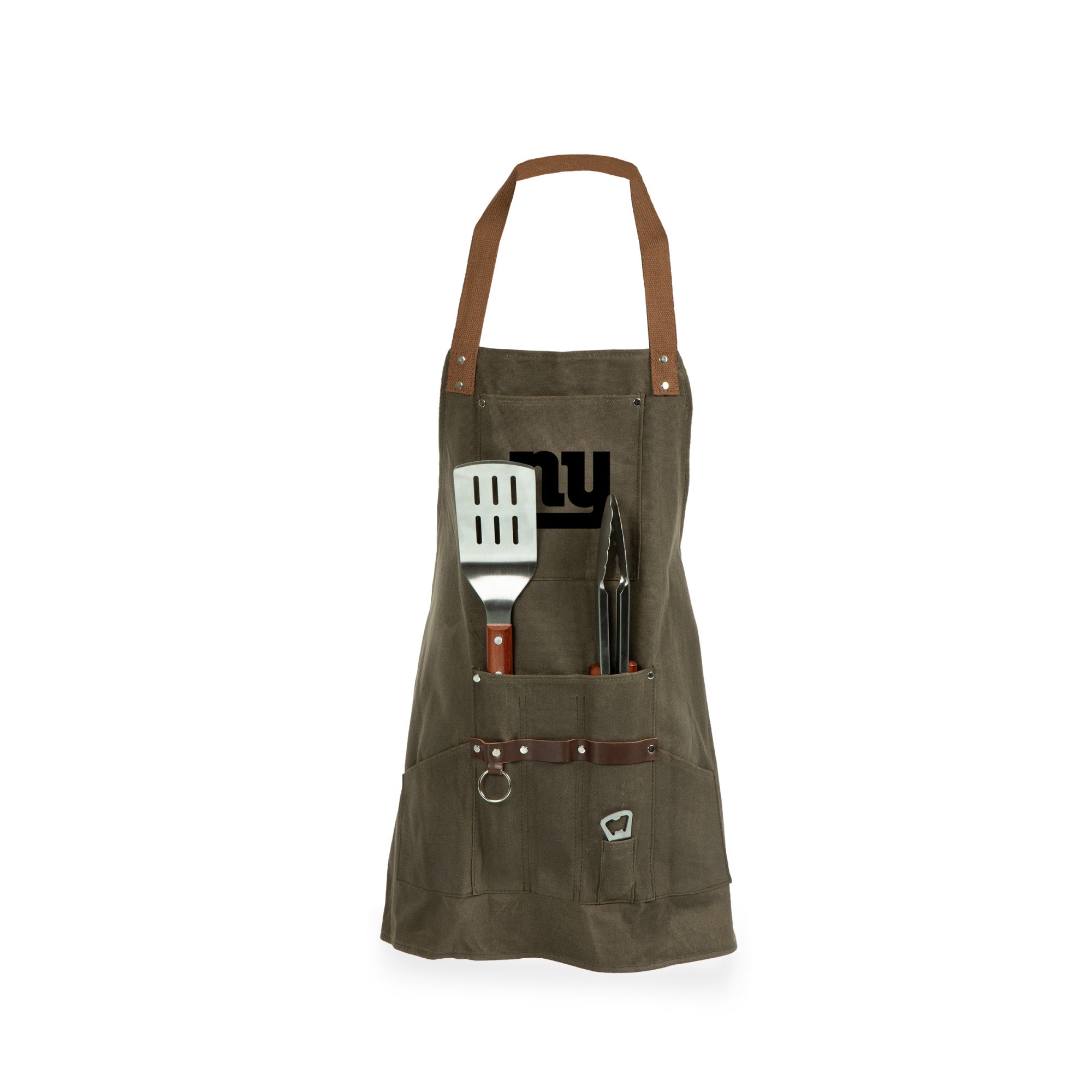 New York Giants - BBQ Apron with Tools & Bottle Opener, (Khaki Green with Beige Accents)