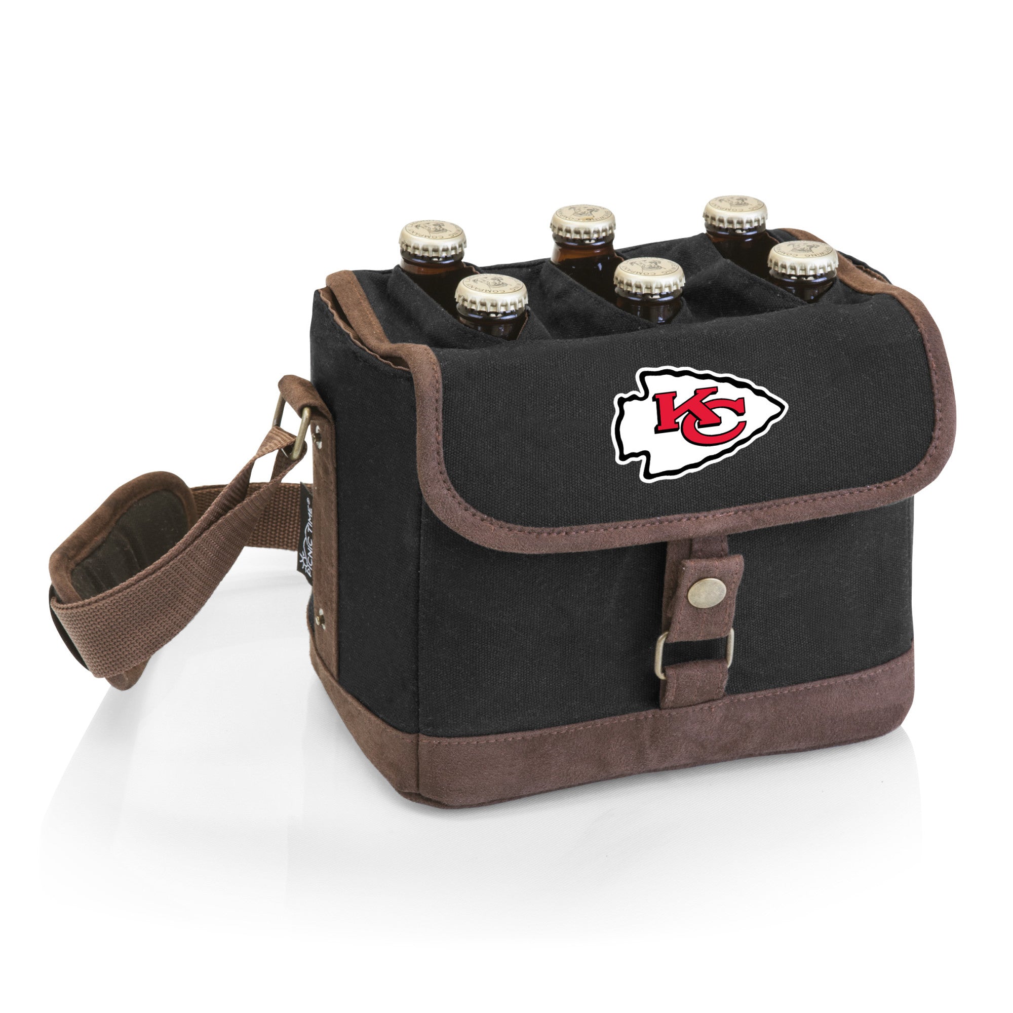 Kansas City Chiefs - Beer Caddy Cooler Tote with Opener, (Black with Brown Accents)