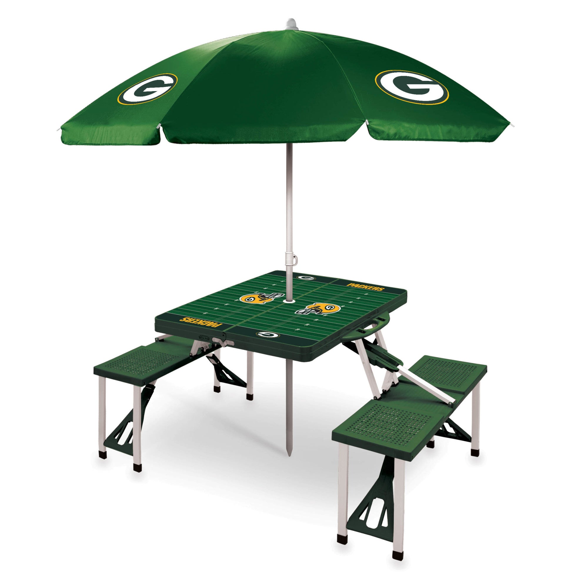 Green Bay Packers - Picnic Table Portable Folding Table with Seats and Umbrella, (Hunter Green)