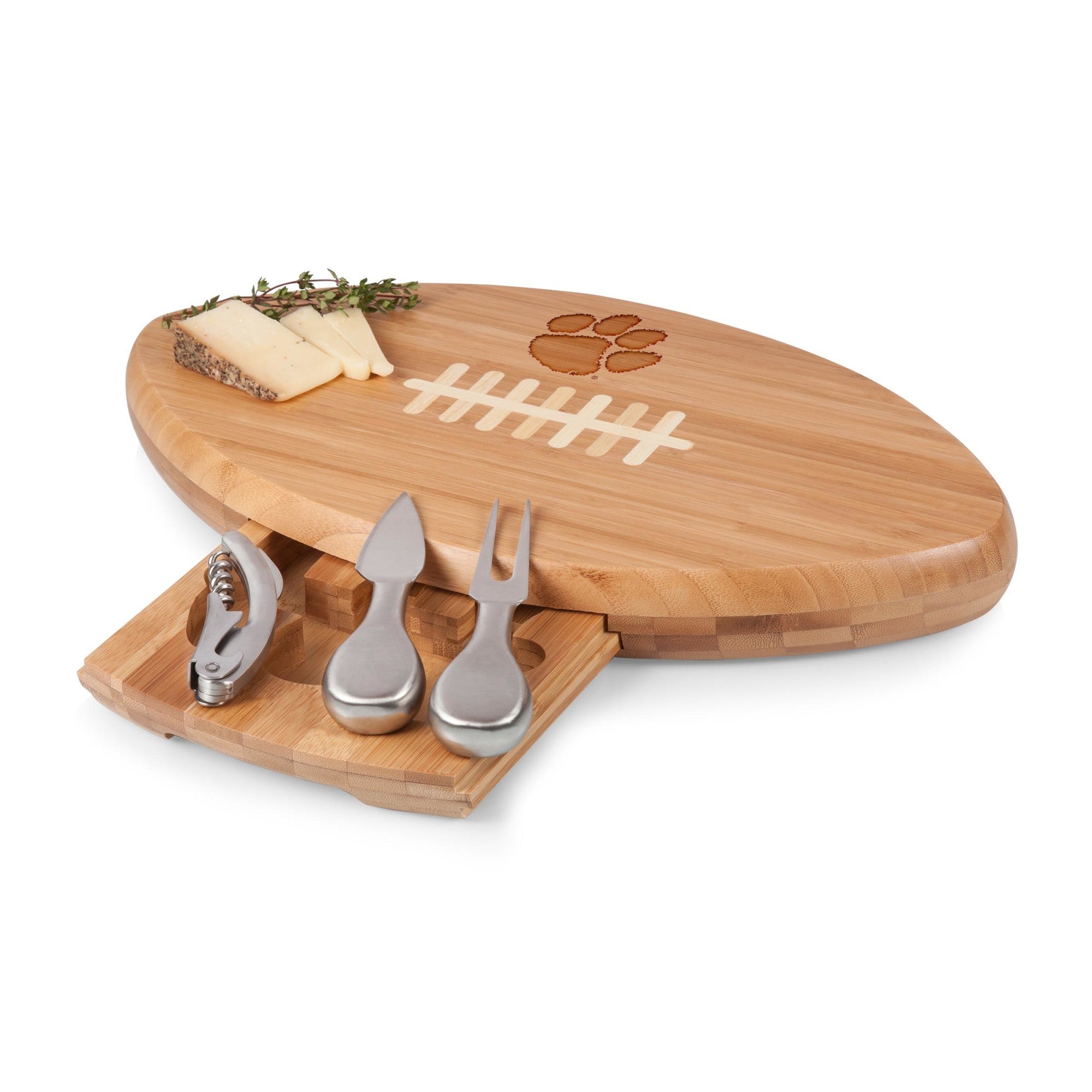 Clemson Tigers - Quarterback Football Cheese Cutting Board & Tools Set, (Bamboo)