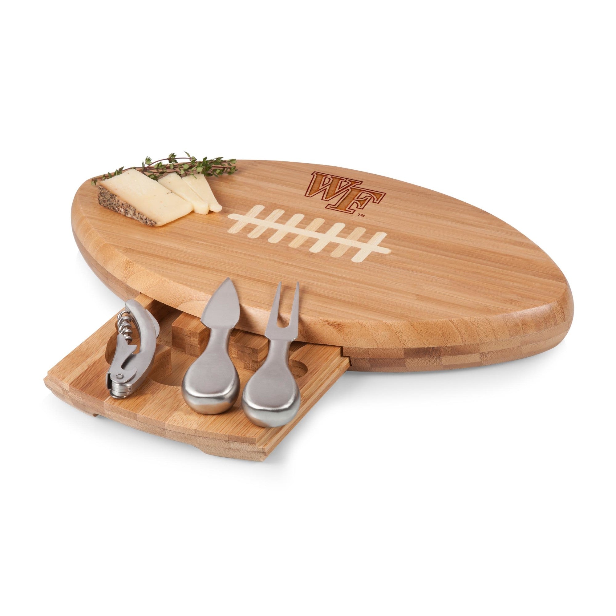 Wake Forest Demon Deacons - Quarterback Football Cheese Cutting Board & Tools Set, (Bamboo)
