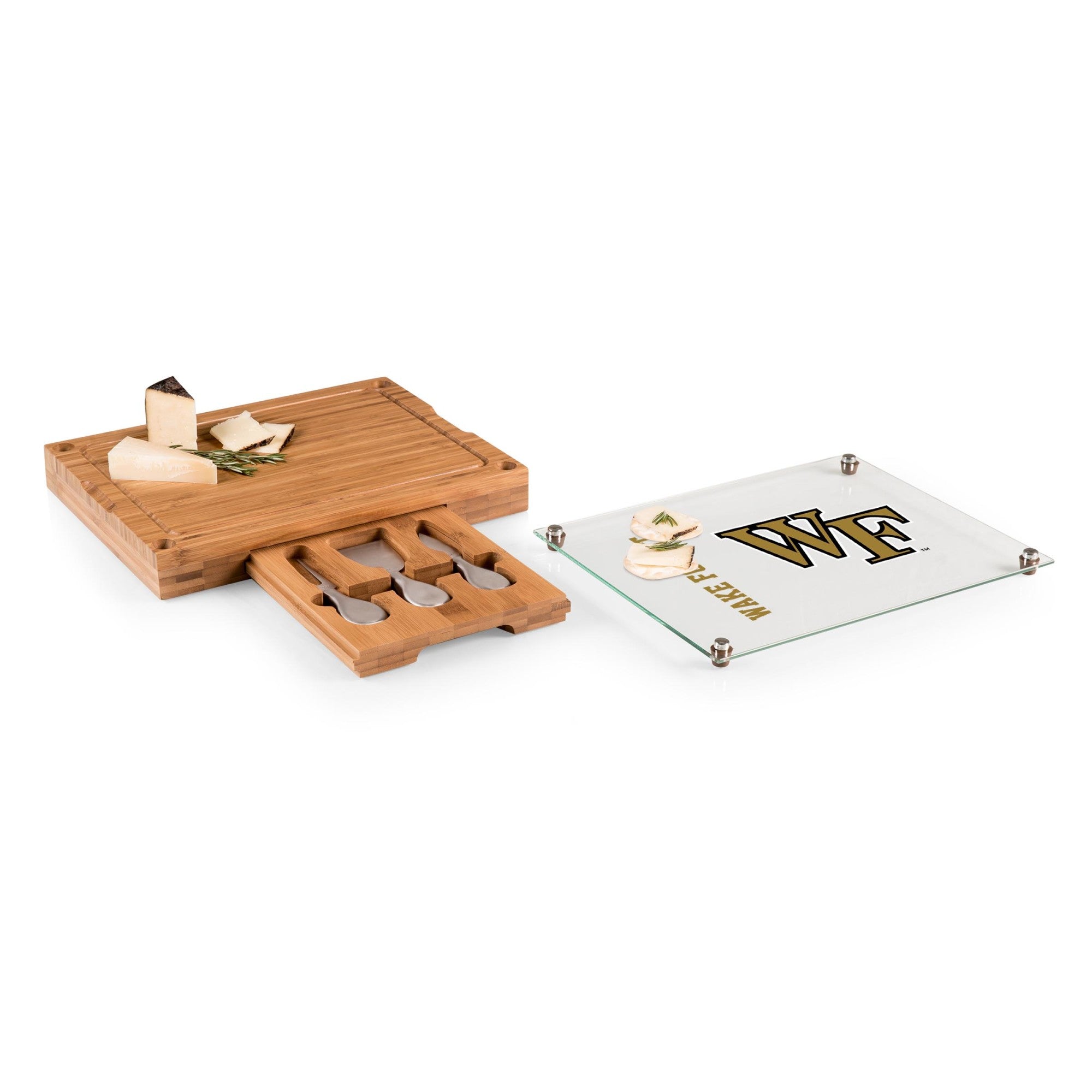 Wake Forest Demon Deacons - Concerto Glass Top Cheese Cutting Board & Tools Set, (Bamboo)