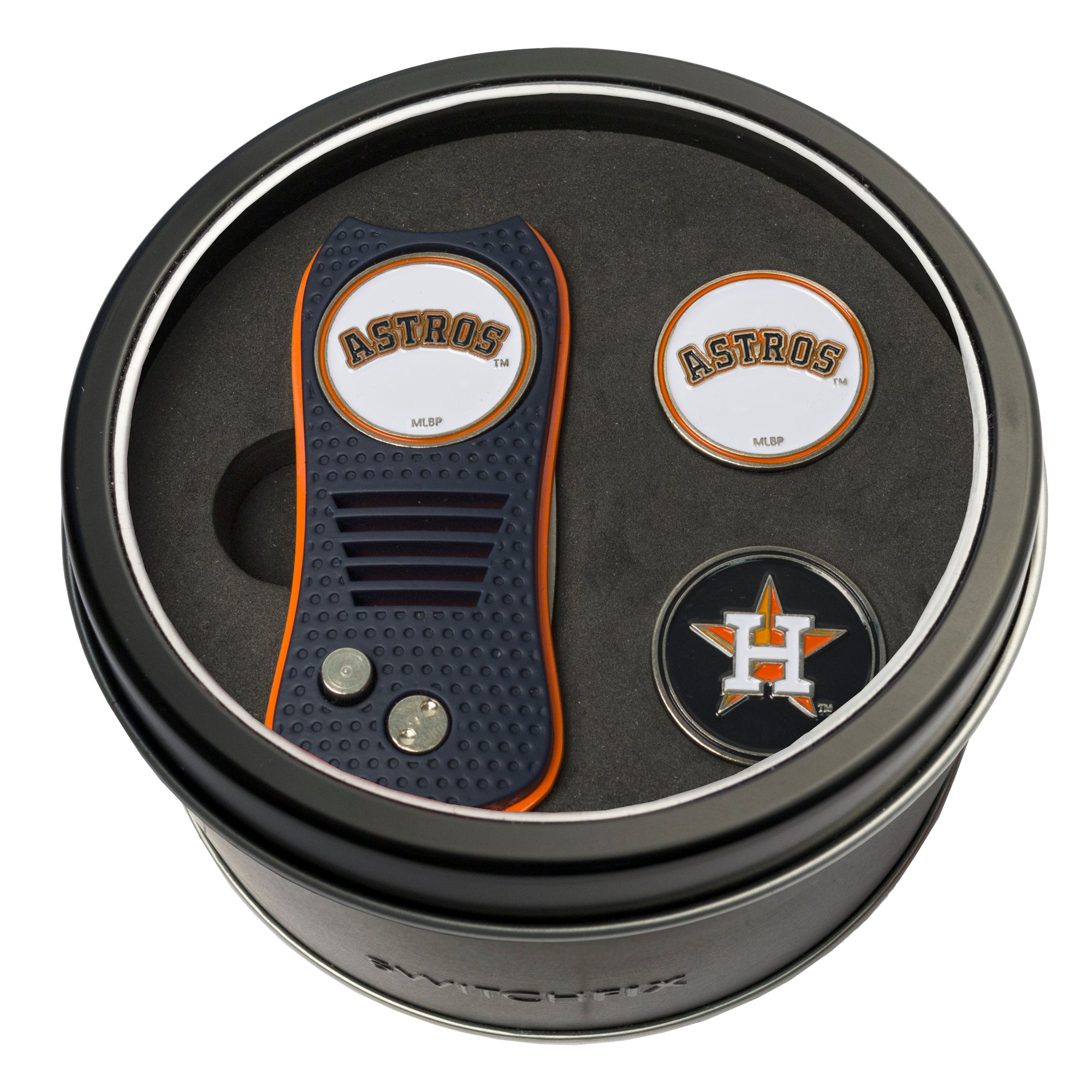 Houston Astros Switchblade Divot Tool + 2 Ball Marker Tin Gift Set