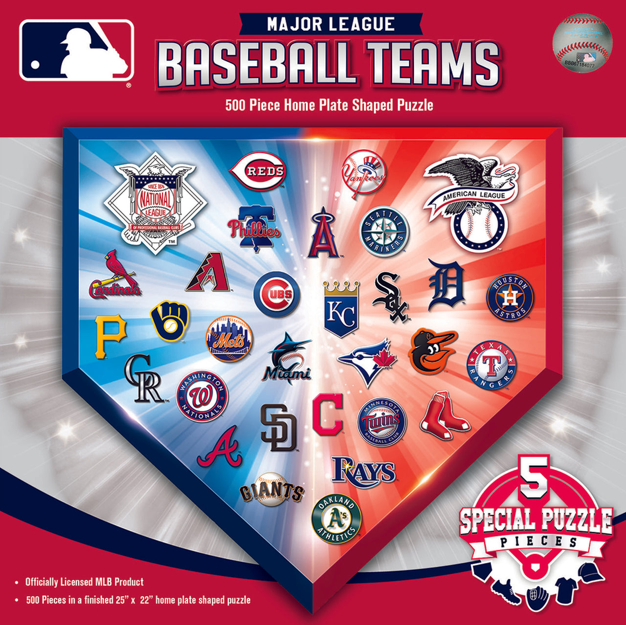 MLB TEAM LOGOS - HOME PLATE SHAPED 500 PIECE JIGSAW PUZZLE