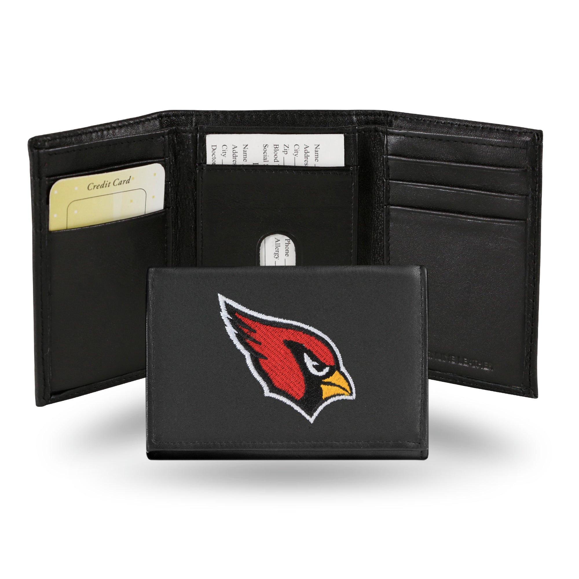 NFL Arizona Cardinals Embroidered Genuine Leather Tri-fold Wallet 3.25 x 4.25 - Slim By Rico Industries