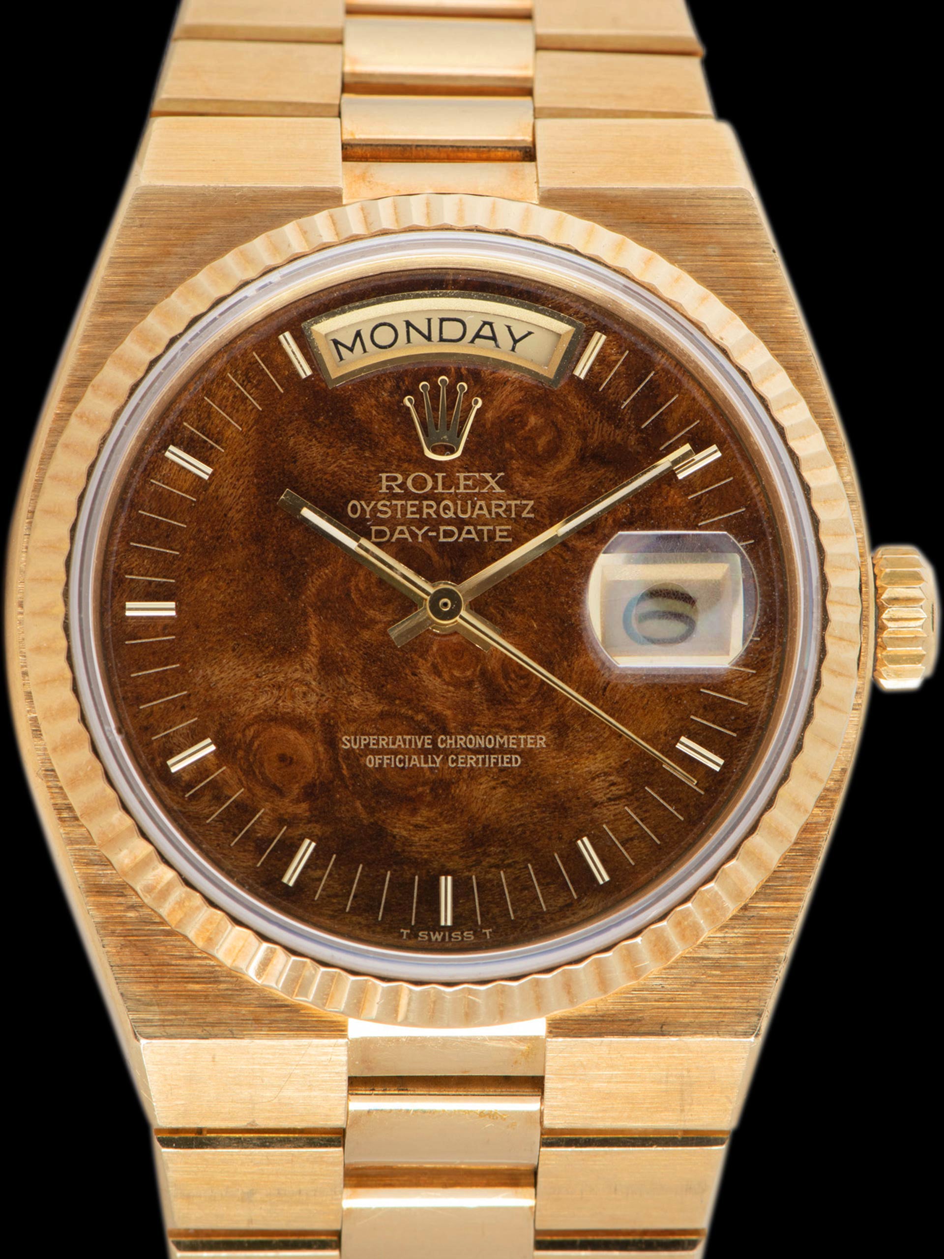 Image of *Unpolished* 1979 Rolex Oysterquartz Day-Date 18K YG (Ref. 19018) Burlwood Dial W/ Box & Papers