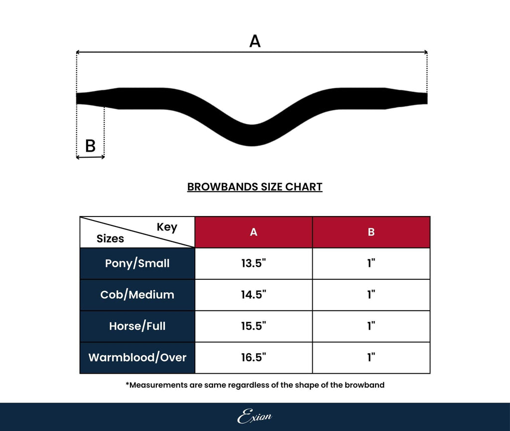 Size Chart for diamante/leather horse browbands. Size for horse, warmblood, thouroghbred horses