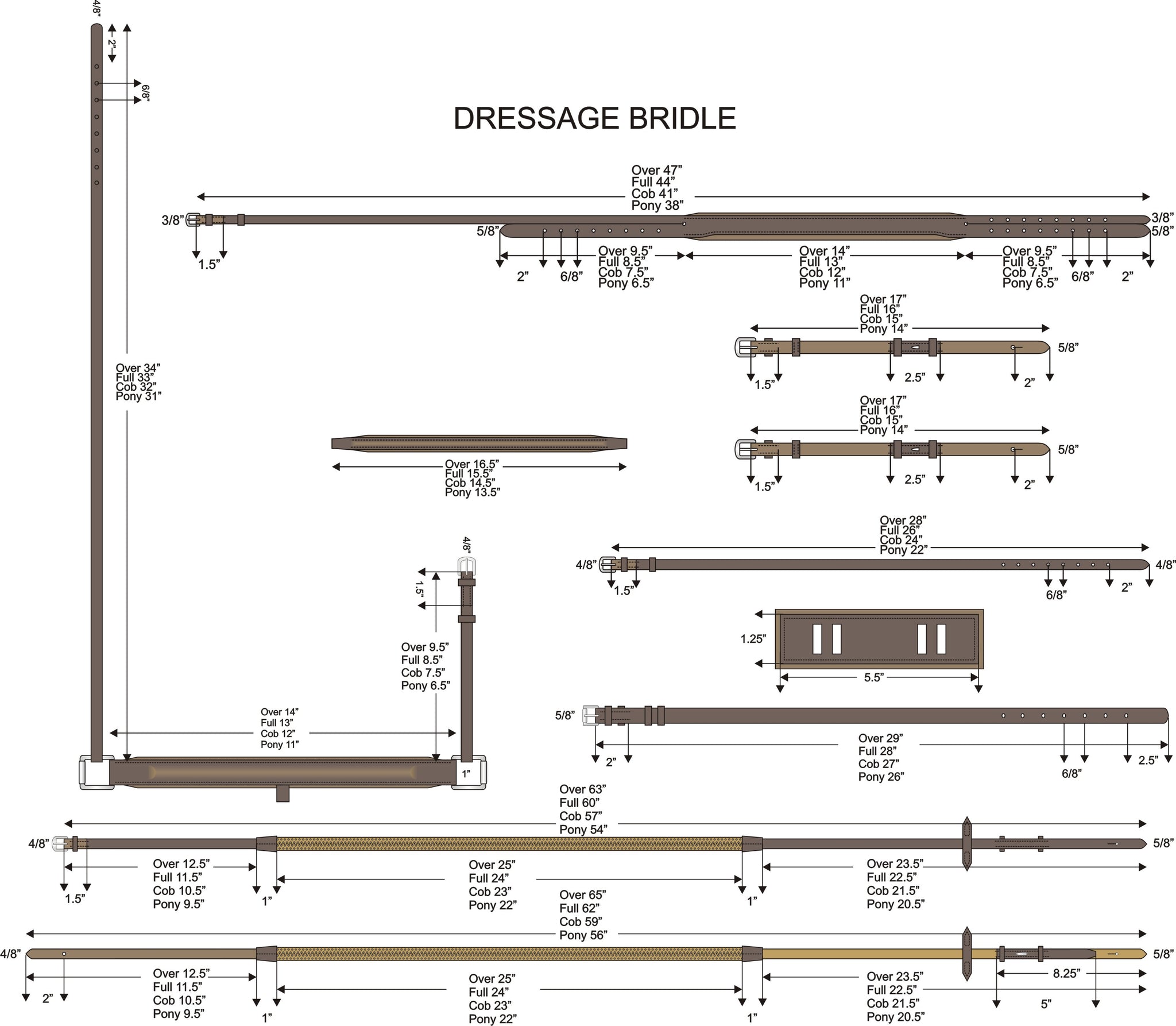 Size Chart For Dressage  Bridle.