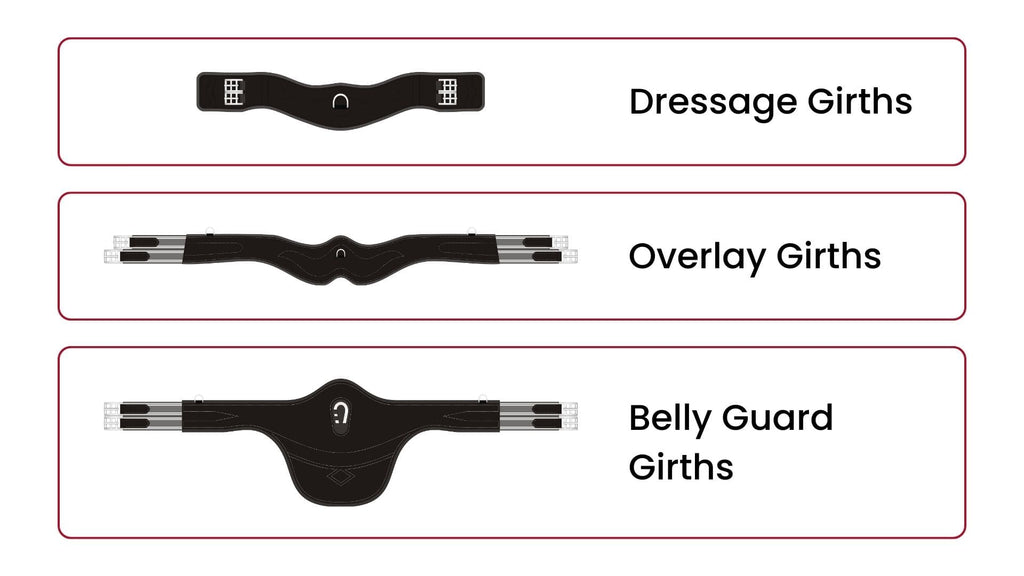 Shapes of Girths available at horse bridles & reins. Dressage Girths, Overlay Girths & Belly Guard Girths