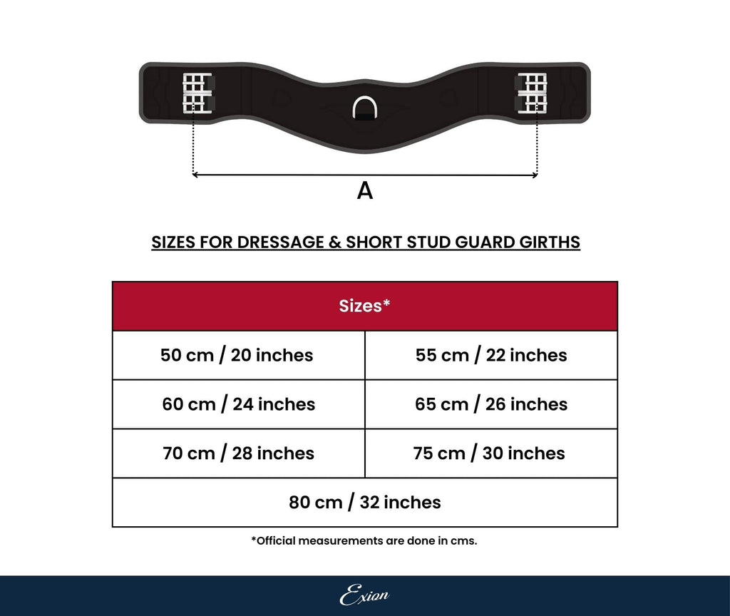 Size Chart for dressage leather horse girths/cinch. Sizes for girth in cm