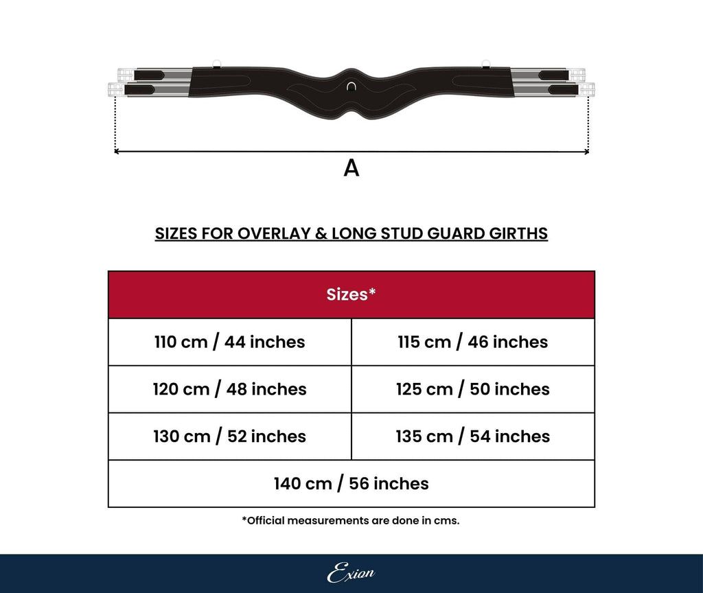 Sizes for Overlay, Belly Guard Girths & Stud Guard Girths. Sizes in cm