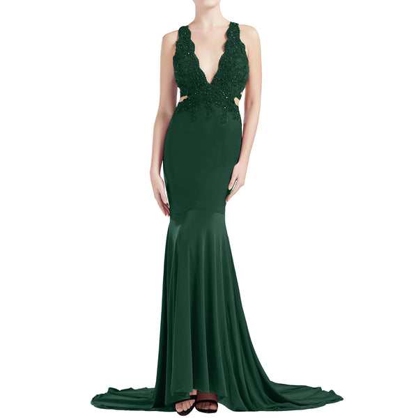 MACloth Women Mermaid V Plunging Neck Lace Long Prom Dresses Formal Evening Gown