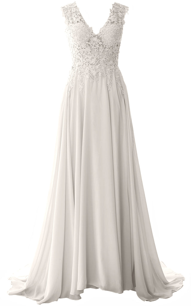 MACloth Elegant V Neck Long Prom Dress Vintage Lace Chiffon Formal Eve