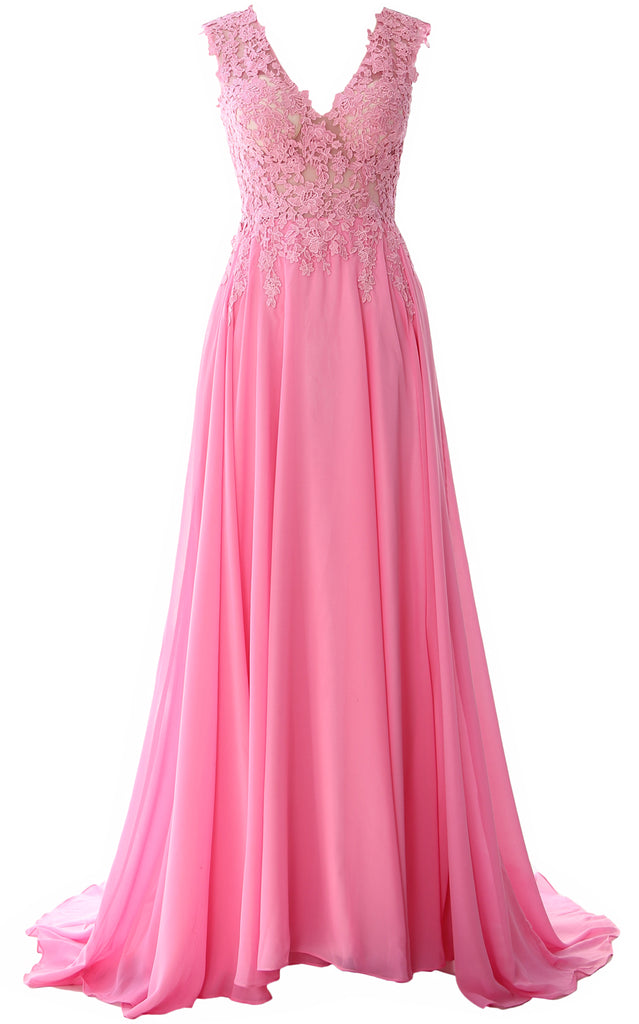 MACloth Elegant V Neck Long Prom Dress Vintage Lace Chiffon Formal Eve