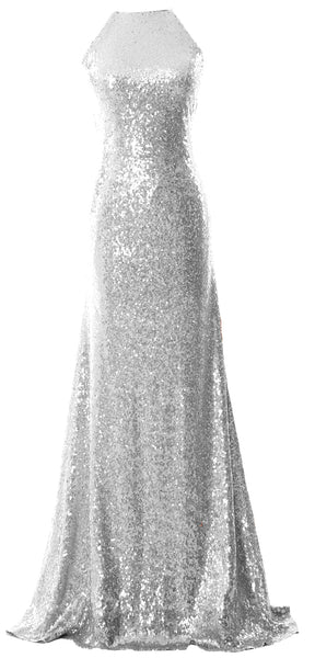MACloth Women Bridesmaid Dress Sequin Long Halter Cowlback Prom Ball G