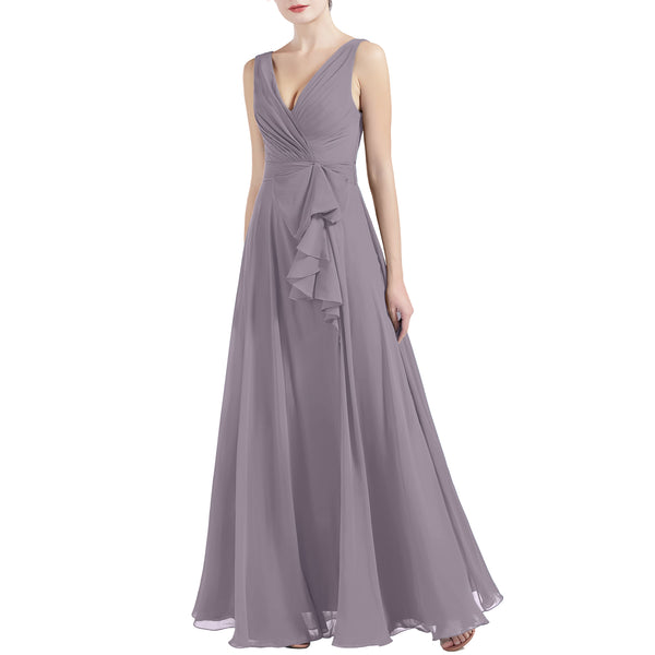 MACloth Women V Neck Long Pleated A Line Wedding Party Bridesmaid Dres