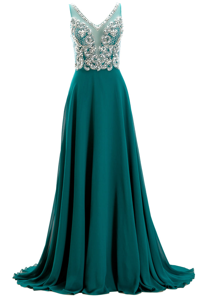 Macloth Straps V Neck Beaded Long Teal Prom Dress Chiffon Formal Eveni 2128