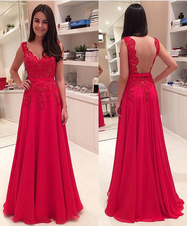 MACloth Straps V Neck Lace Chiffon Long Prom Dress Red Formal Gown