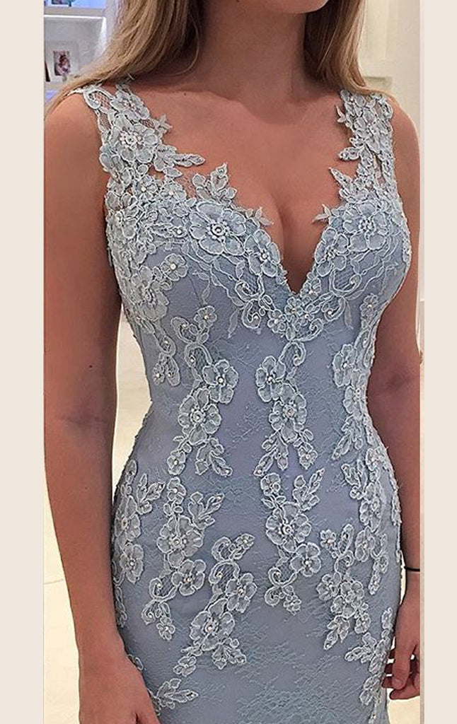 MACloth Mermaid Straps V Neck Lace Maxi Prom Dress Sky Blue Formal Gow