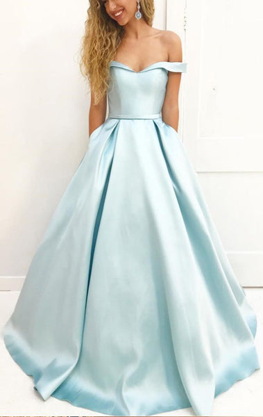 Macloth Off The Shoulder Ball Gown Sky Blue Prom Dress Satin Formal Ev 4745