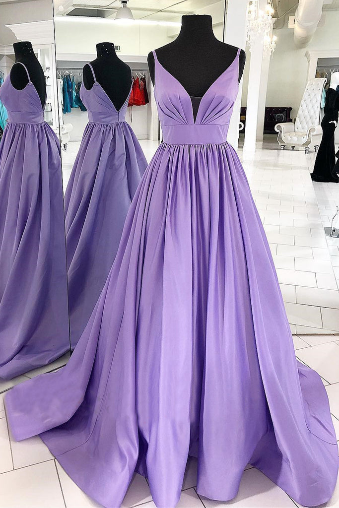 Macloth Straps V Neck Satin Maxi Prom Dress Lavender Formal Evening Go 