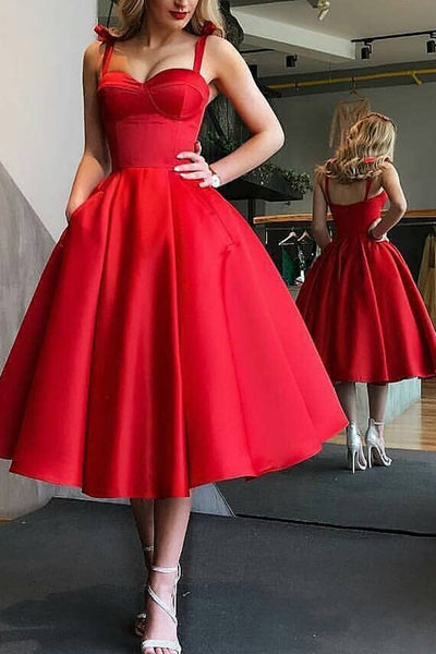 Macloth Straps Sweetheart Midi Prom Homecoming Dress Red Formal Evenin 0609