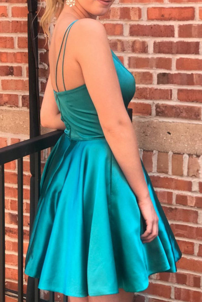 Macloth Straps V Neck Satin Mini Prom Homecoming Dress Sky Blue Cockta