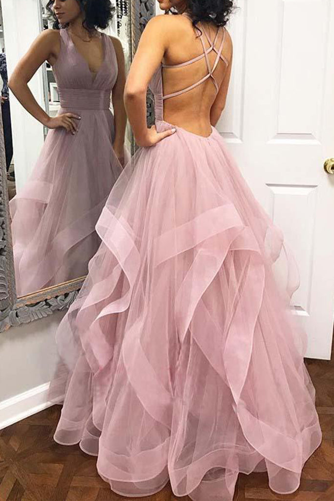 MACloth Straps V Neck Tulle Long Prom Dress Dusty Pink Formal Evening