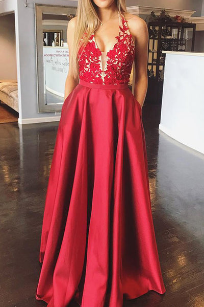 MACloth Halter V Neck Lace Satin Long Prom Dress Red Formal Evening Go